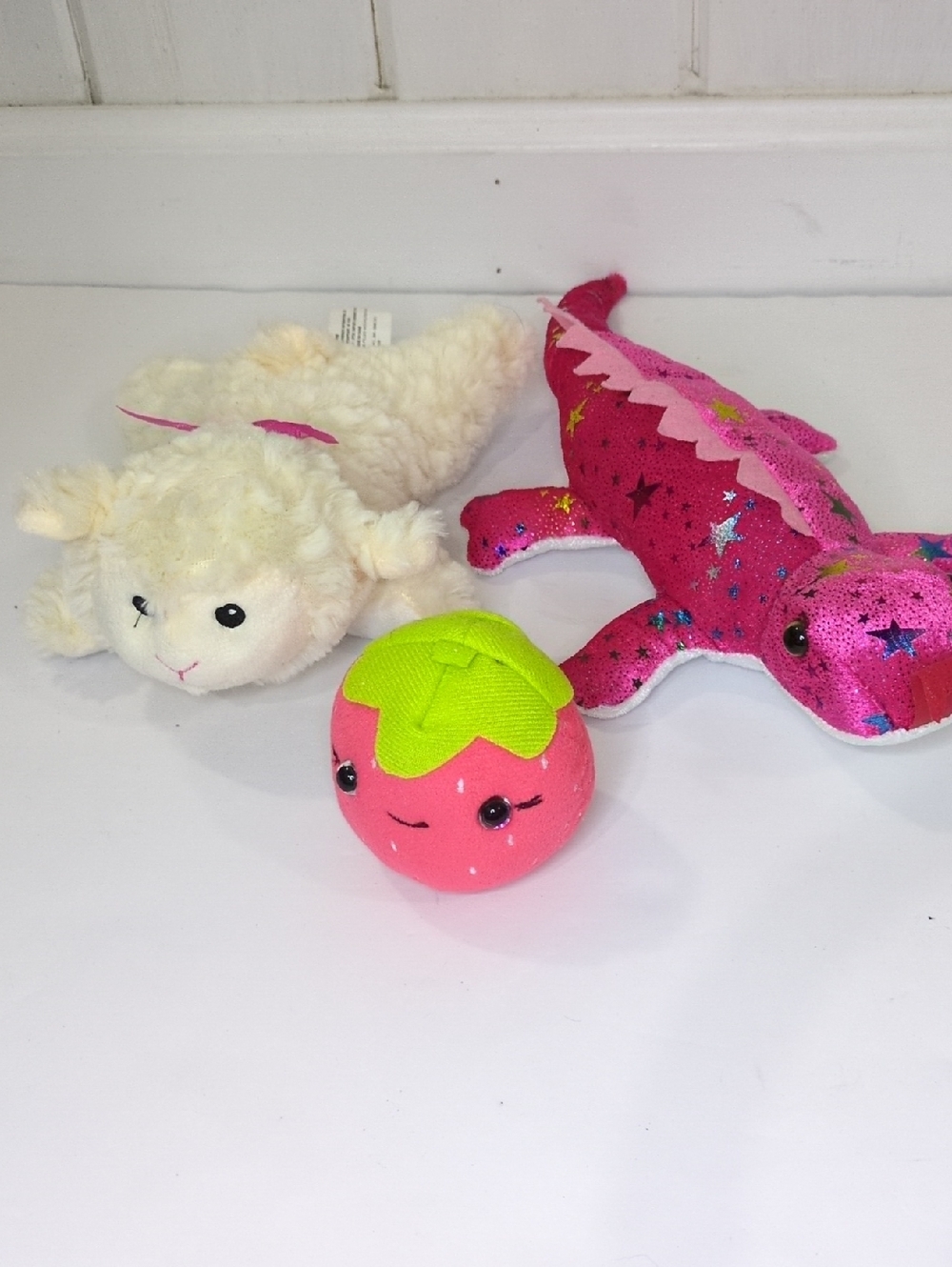 3 Piece Plush Lot: Cream Lamb w/ Pink Bow, Pink Star Lizard, Strawberry